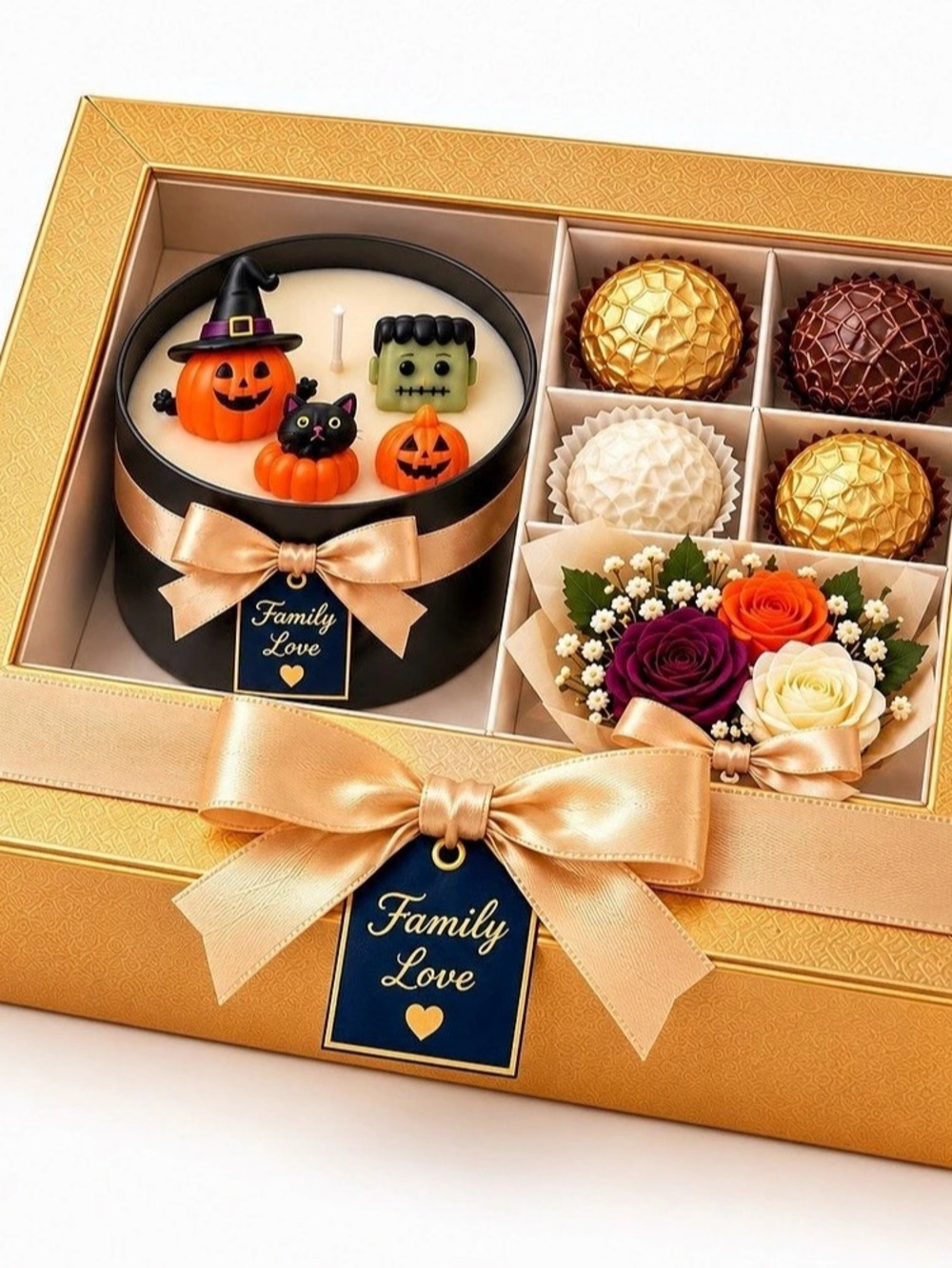 Halloween Gift Box, 14 oz Caramel Pumpkin Swirl Candle, Chocolates & Mini Wax Bo